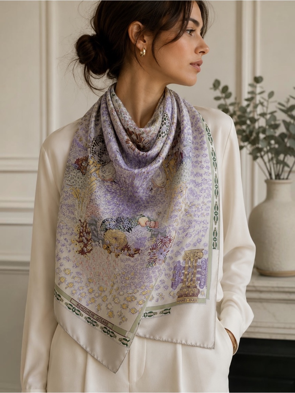 Authentic Hermès Rencontre Océane 90 Silk Scarf Annie Faivre 2001 Lavender